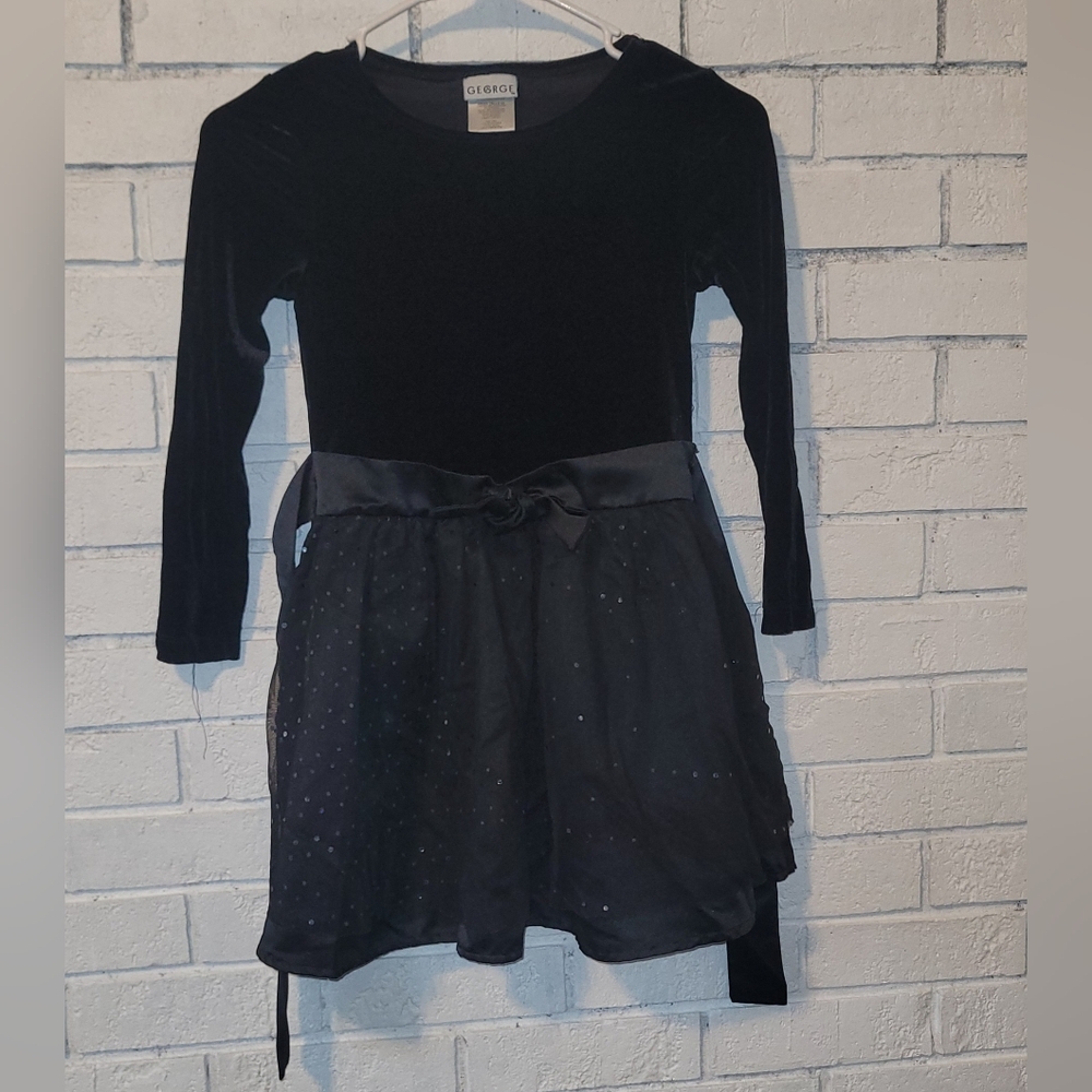 George Girls Black Velvet Long-Sleeve Dress with Sparkle Tulle Skirt - Size 6